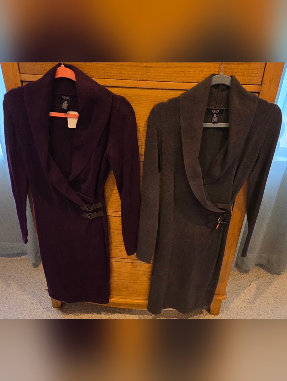 Chaps Dress DUO Women's Merlot & Dark Gray Wrap-Front Dress, Shawl Collar